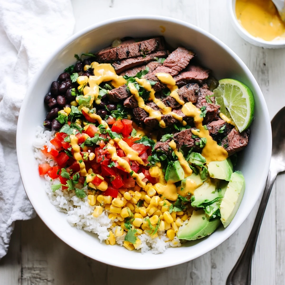 Hearty Tex-Mex steak queso rice bowl drizzled with creamy cheese sauce and garnished with cilantro