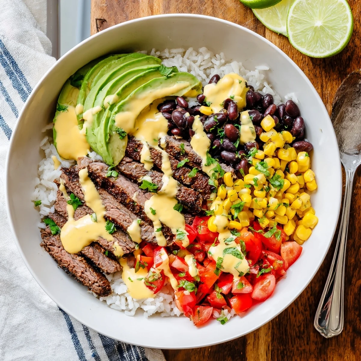 Savory steak queso rice bowl featuring tender spiced beef over fluffy rice with rich queso sauce