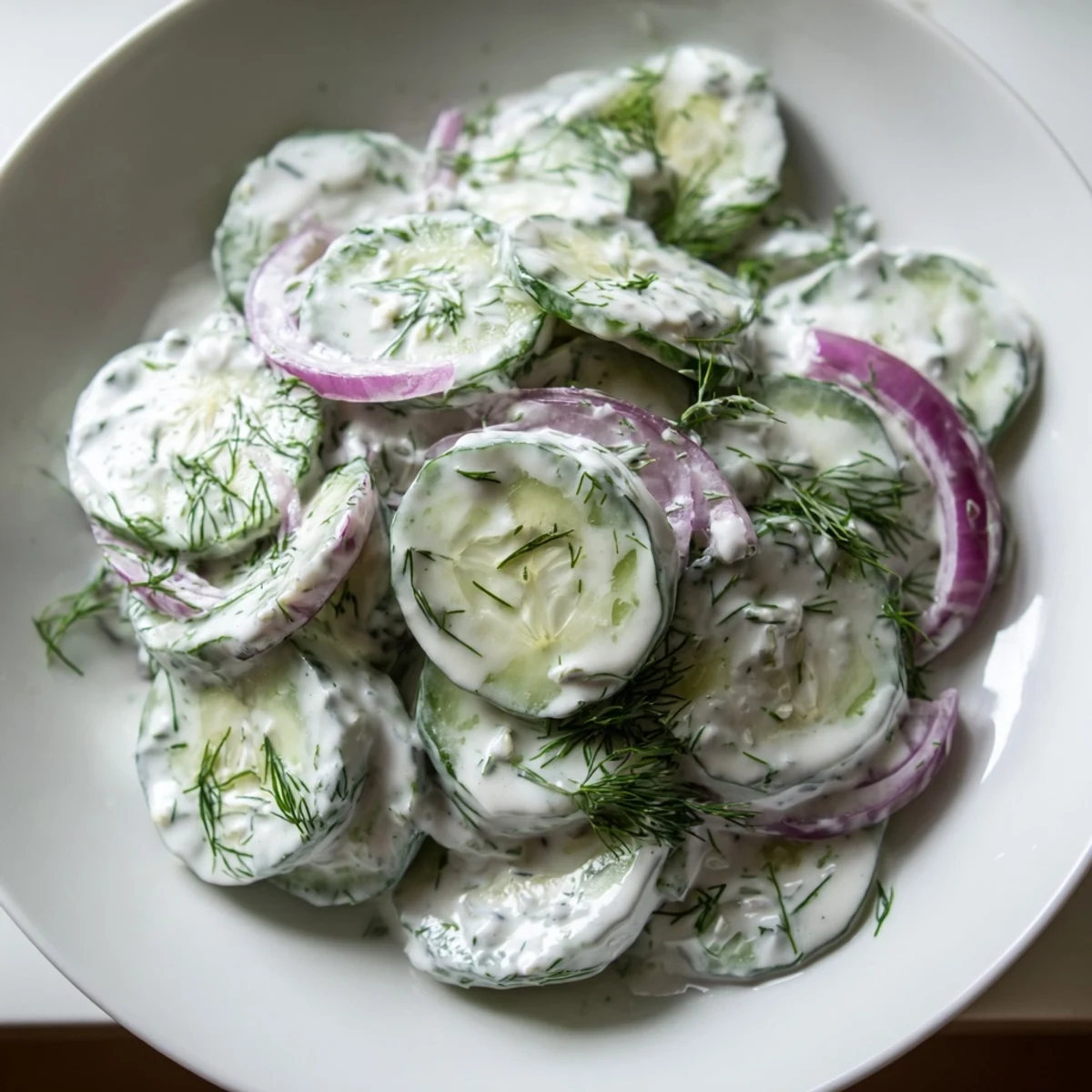 Creamy cucumber dill salad topped with fresh herbs in a glass serving bowl