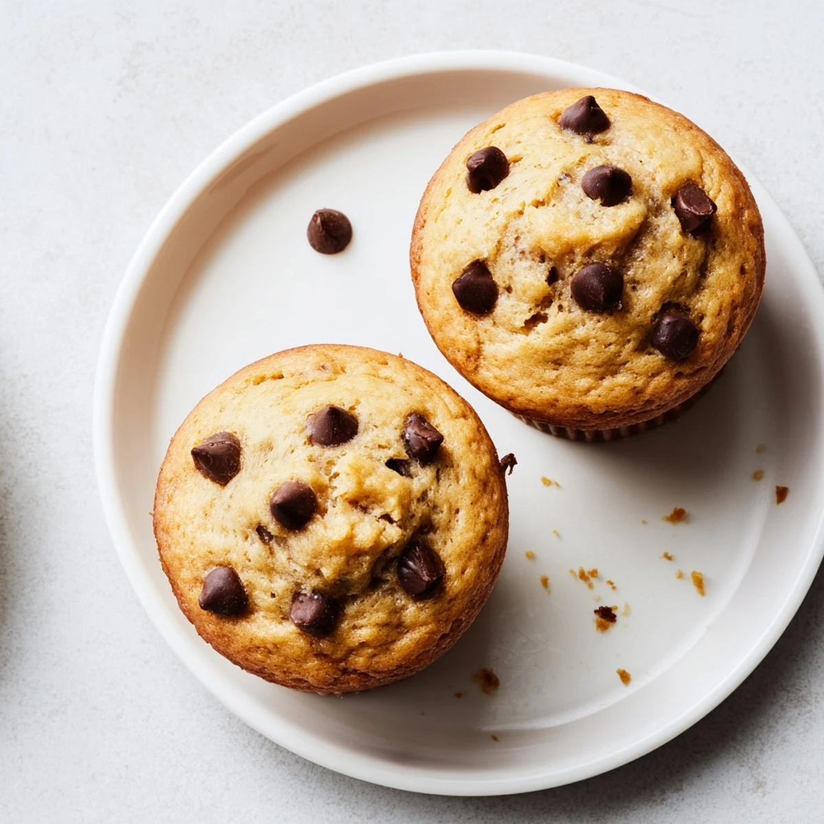 Golden peanut butter banana muffins topped with melting chocolate chips on a wire cooling rack