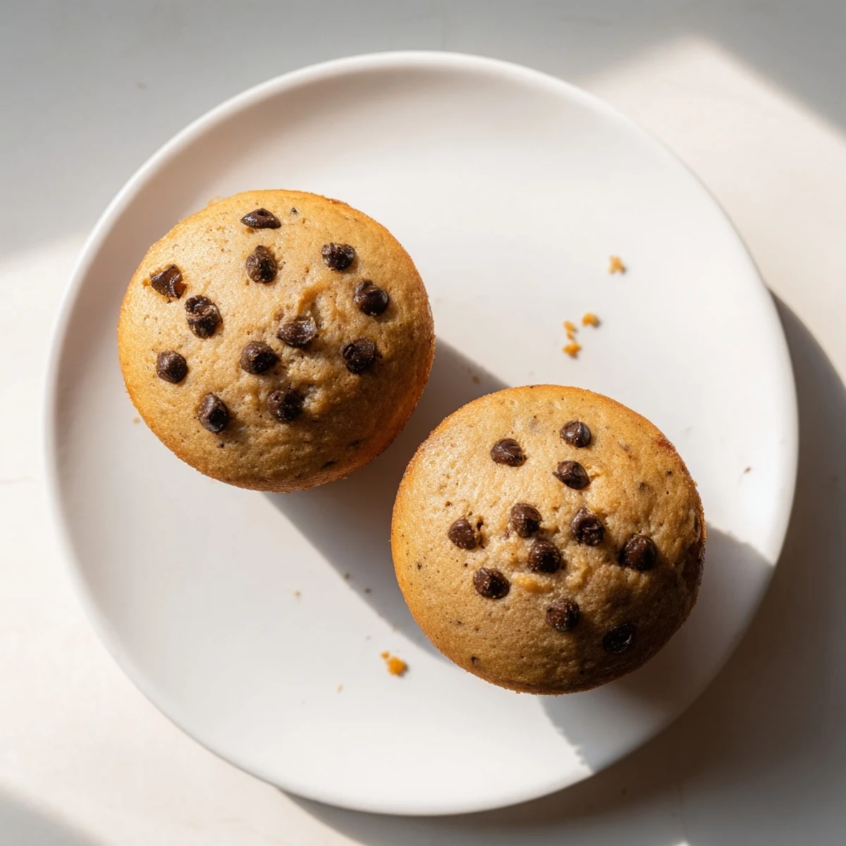 Batch of twelve fluffy peanut butter banana muffins arranged on a wooden board with paper liners