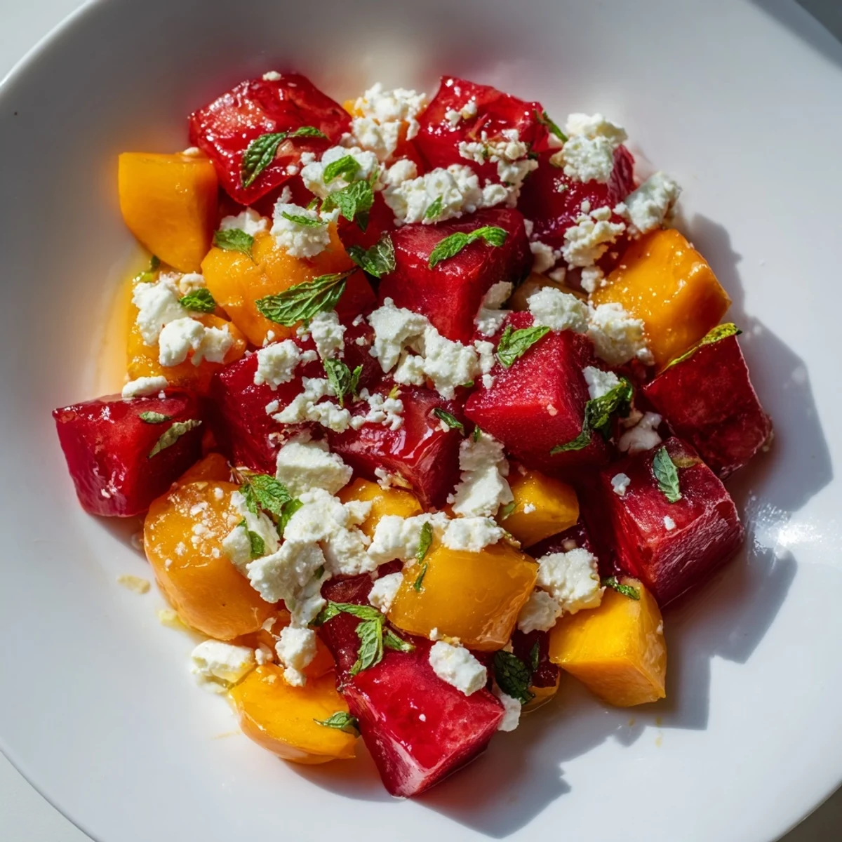 Colorful bowl of fresh peach watermelon salad with mint and citrus drizzle