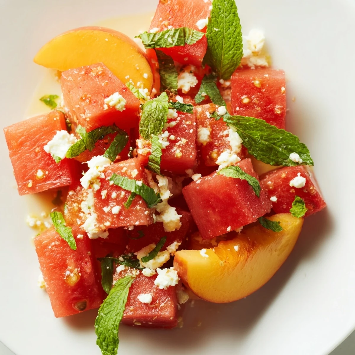 Refreshing peach watermelon salad in white bowl with green mint garnish and dressing