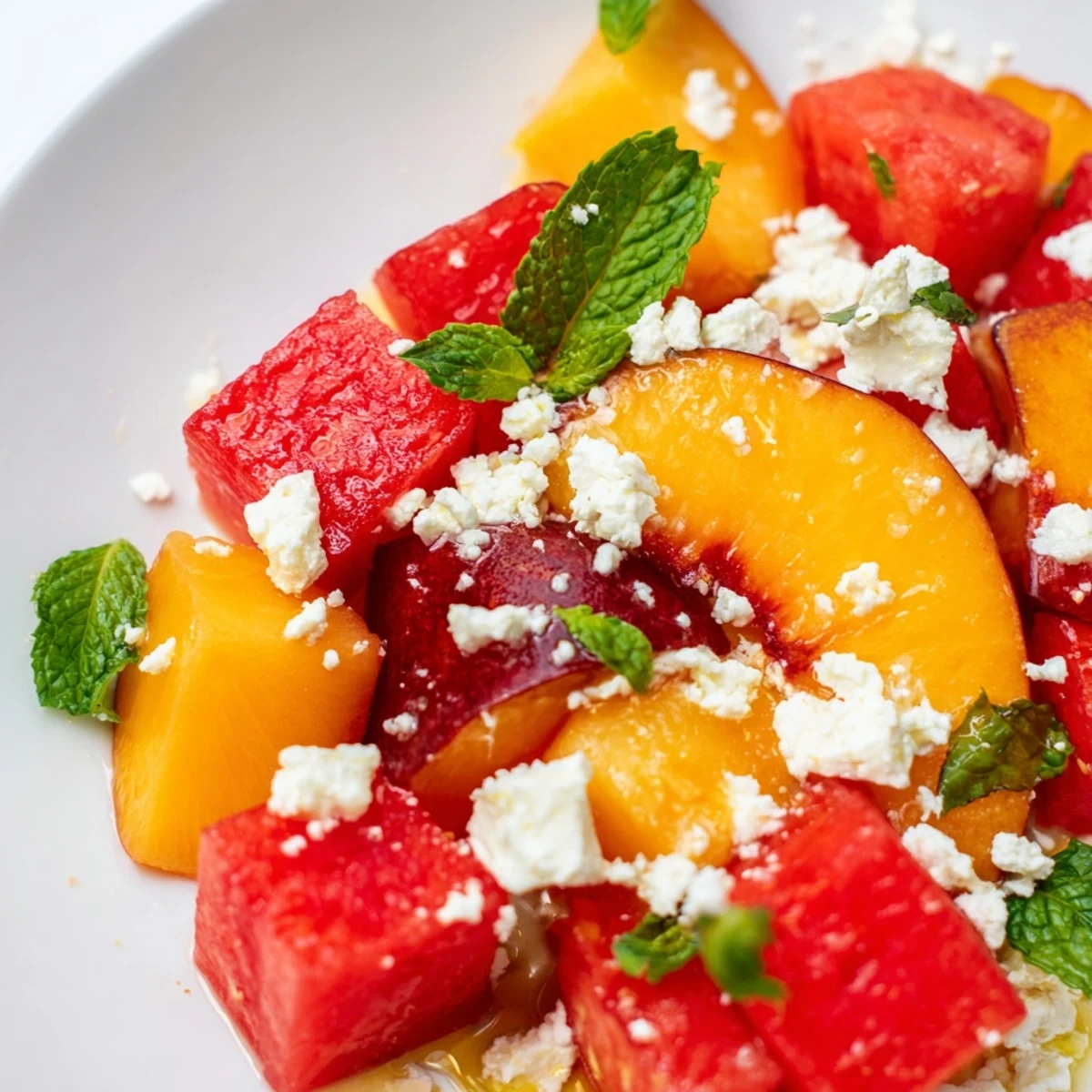Summer peach watermelon salad featuring juicy fruit cubes and optional feta cheese topping
