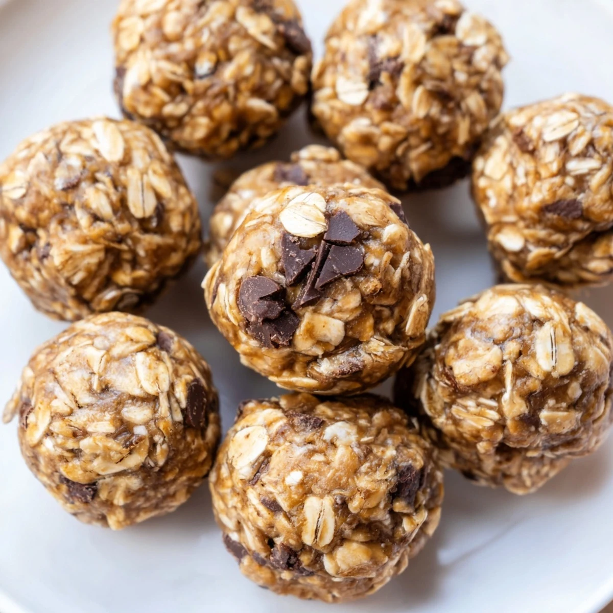 Homemade peanut butter energy balls rolled with dark chocolate chips and oats on a white plate.