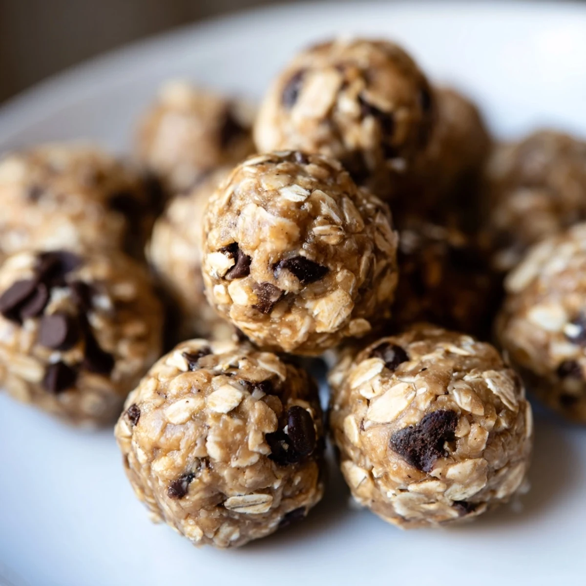 Soft no-bake peanut butter energy balls topped with coconut flakes and chia seeds.