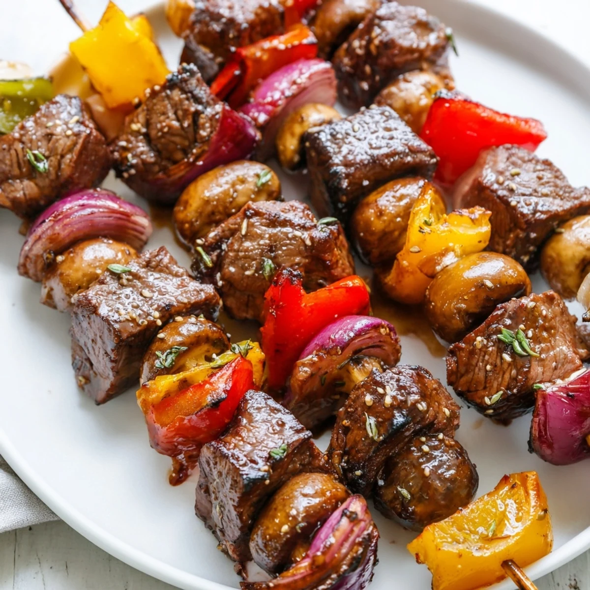 Skewered Juicy Steak Kebabs With Savory Marinade, glossy charred peppers and onions