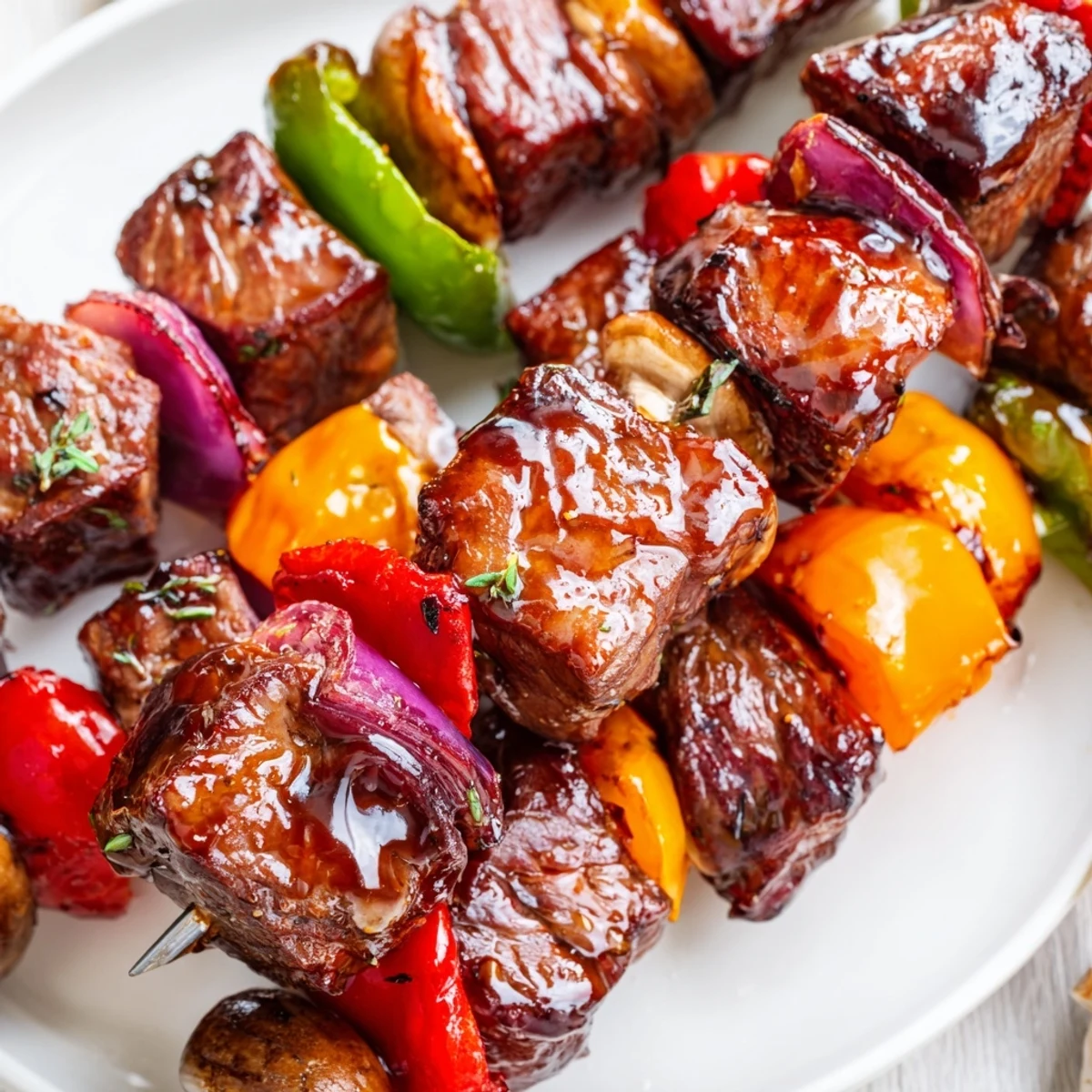 Juicy Steak Kebabs With Savory Marinade sizzling over coals, garlic and balsamic aroma rising
