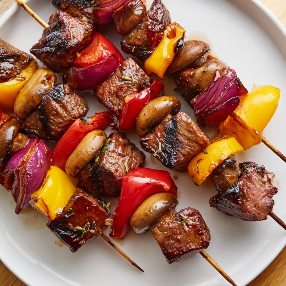 Plated Juicy Steak Kebabs With Savory Marinade beside lemon wedges and fresh thyme