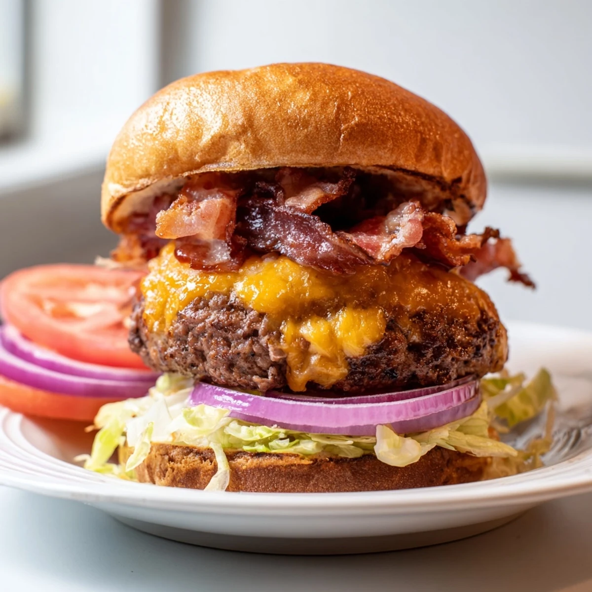 Grilled Irresistible Crack Burgers on toasted brioche with juicy tomato and lettuce