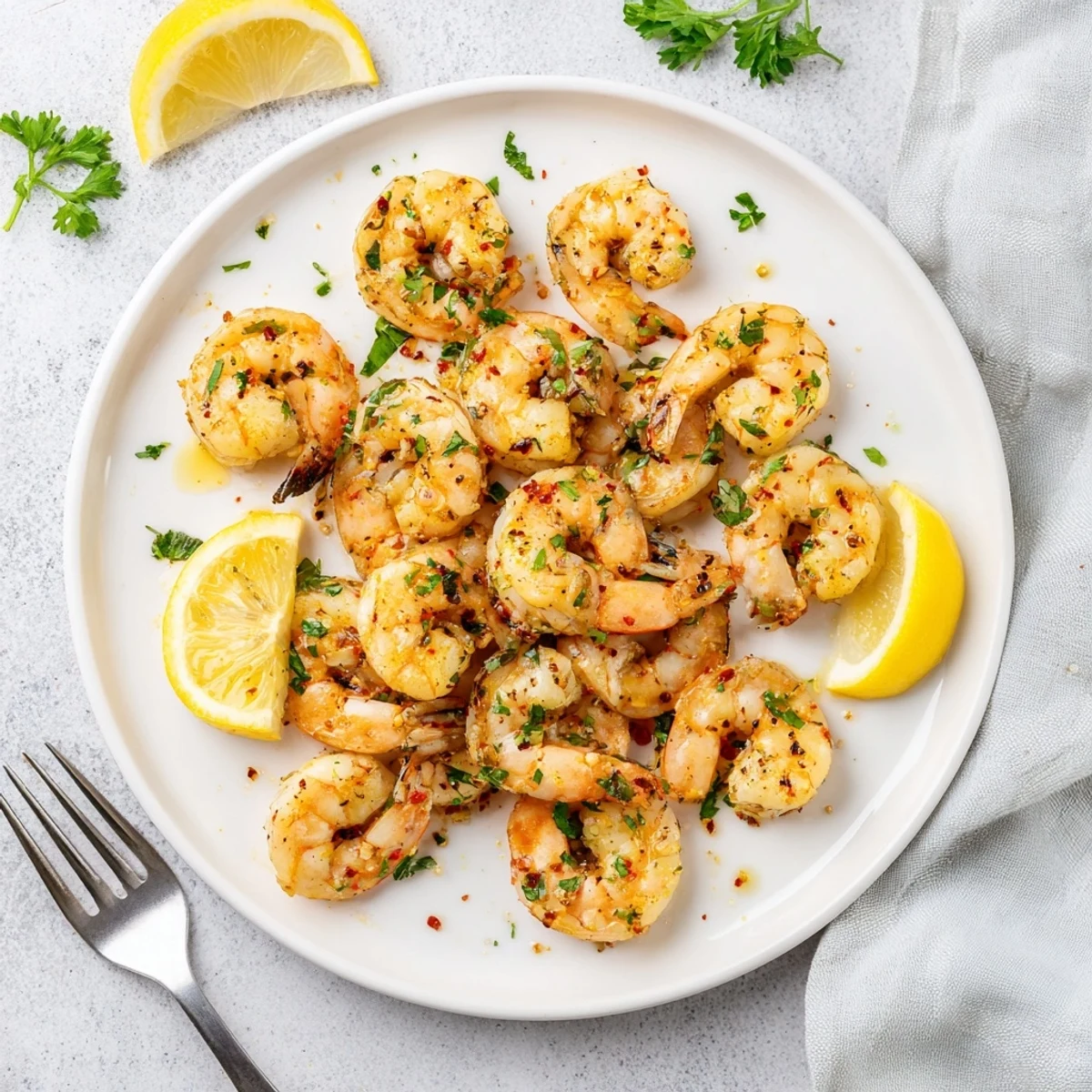 Golden marinated grilled shrimp skewered on bamboo sticks with char marks and fresh lemon wedges