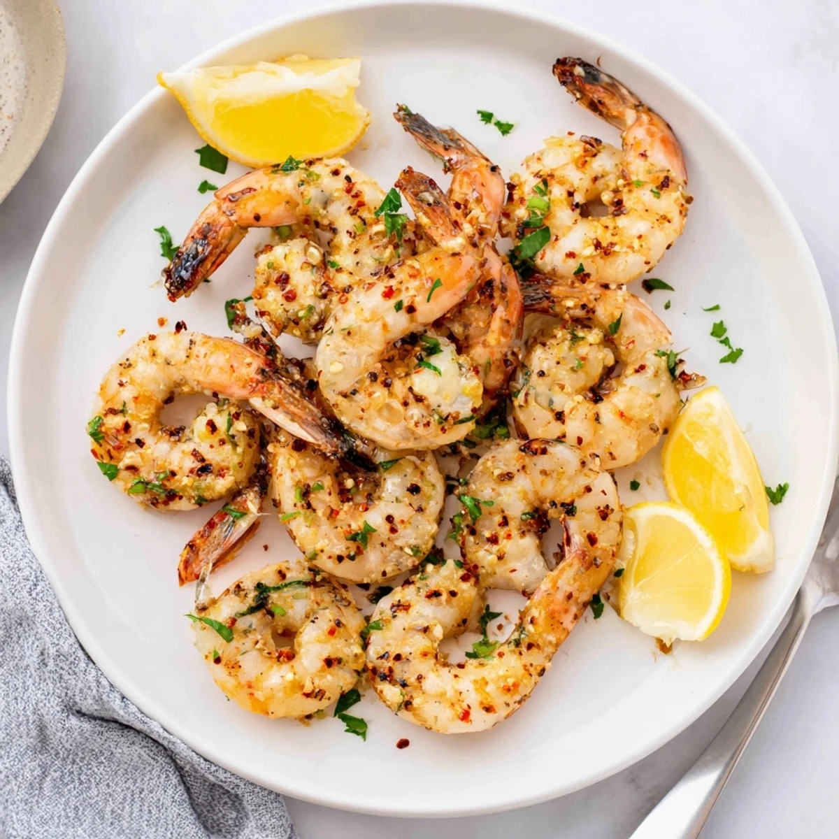 Perfectly grilled shrimp glazed in zesty lemon garlic marinade served on a white platter