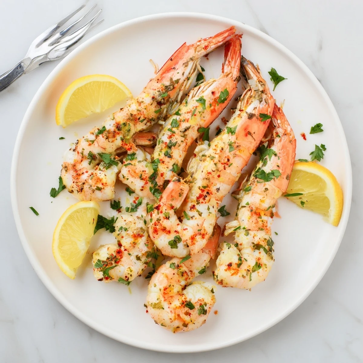 Tender pink shrimp arranged on skewers after grilling with parsley garnish and citrus accents