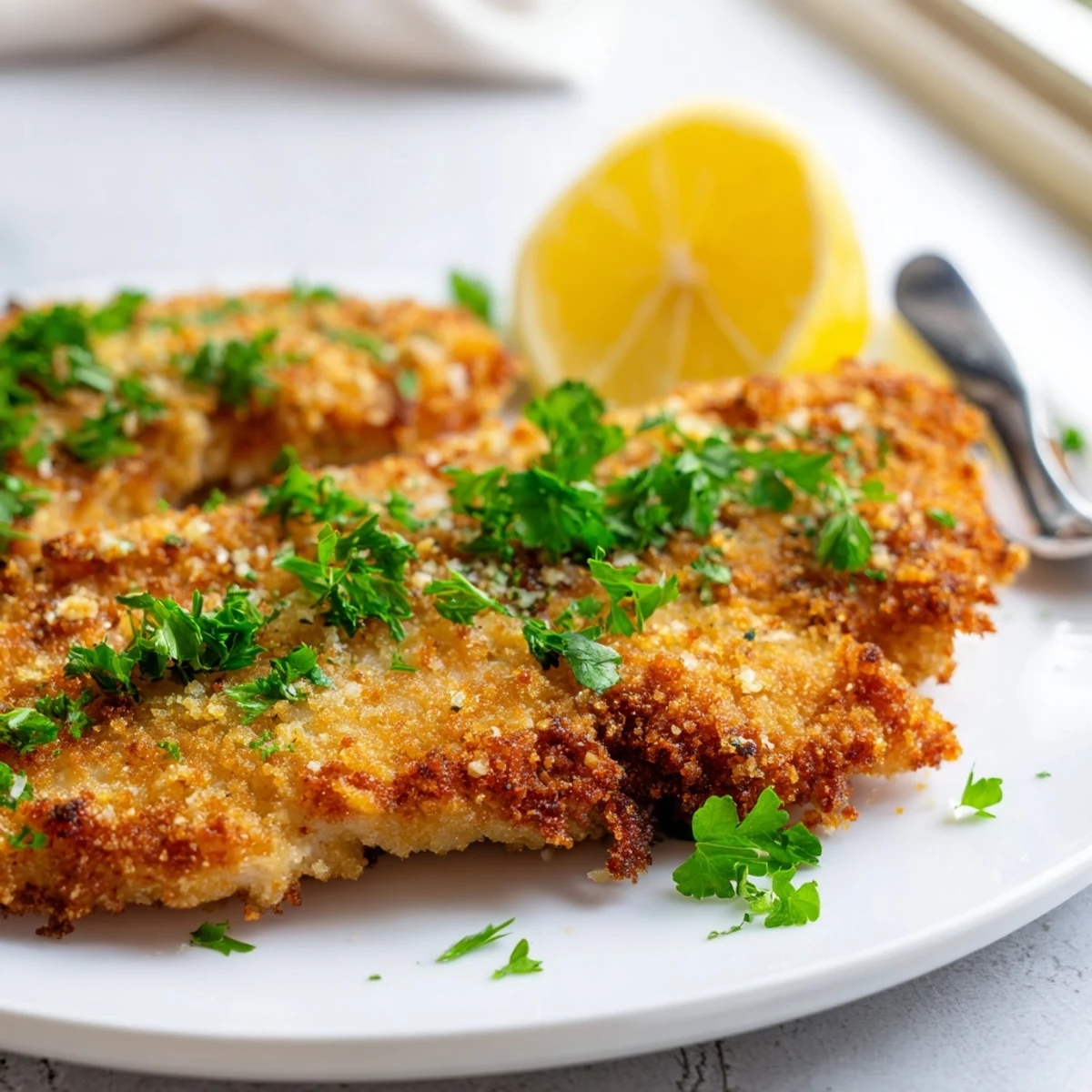 Golden crunch lemon chicken with crispy panko coating garnished with fresh lemon wedges and parsley