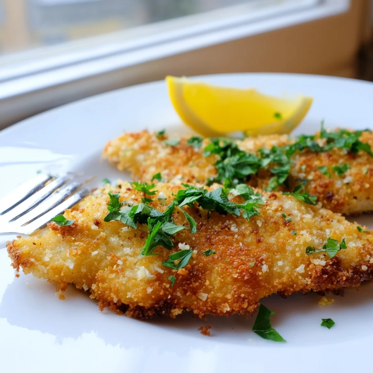 Pan-fried golden lemon chicken with thick crunchy crust drizzled with olive oil and fresh herbs