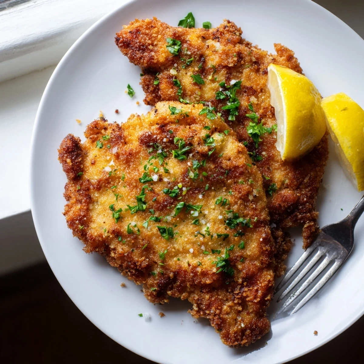 Crispy fried lemon chicken breasts plated on a white serving dish with zesty lemon slices