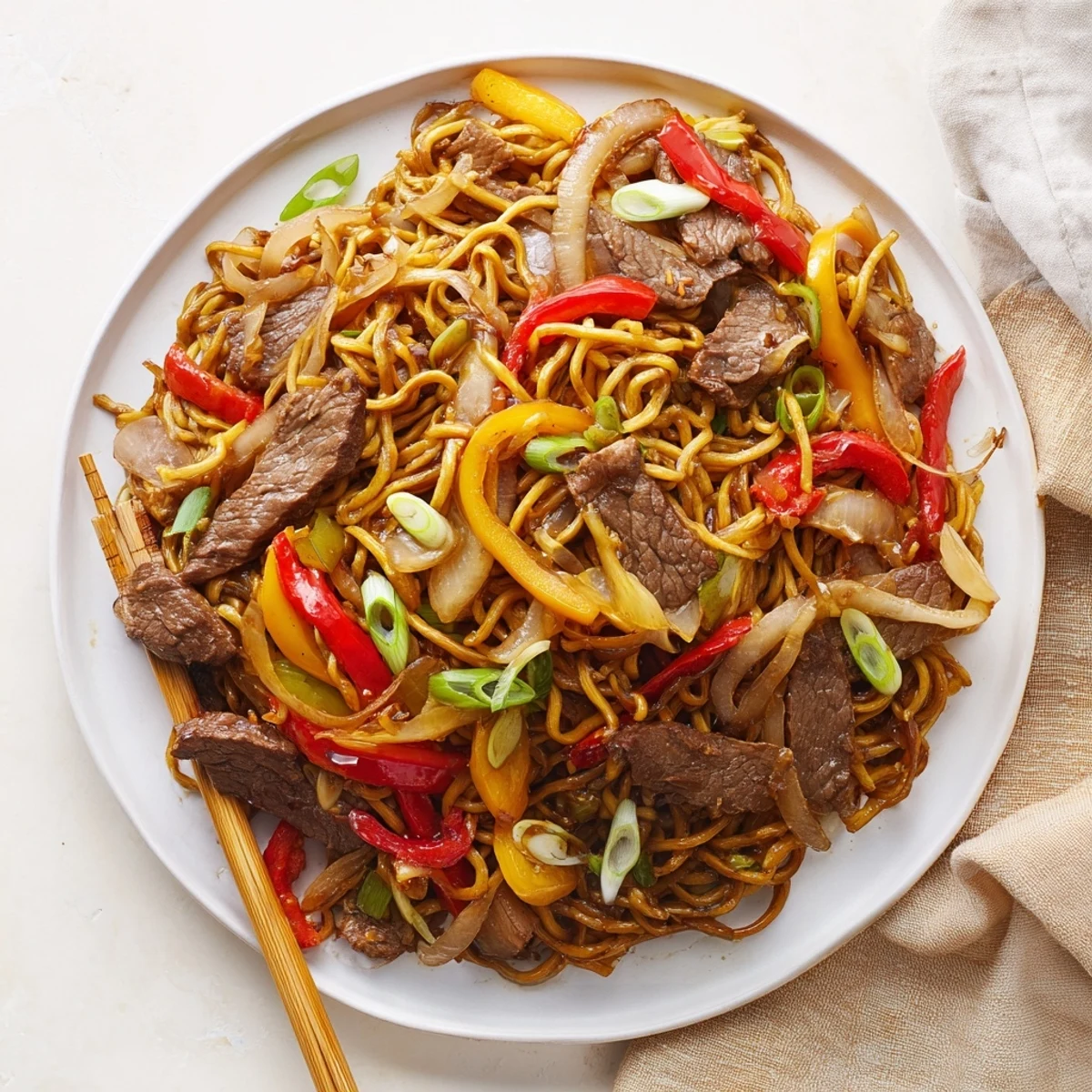 Tender beef stir-fried with colorful bell peppers and onions over golden chow mein noodles