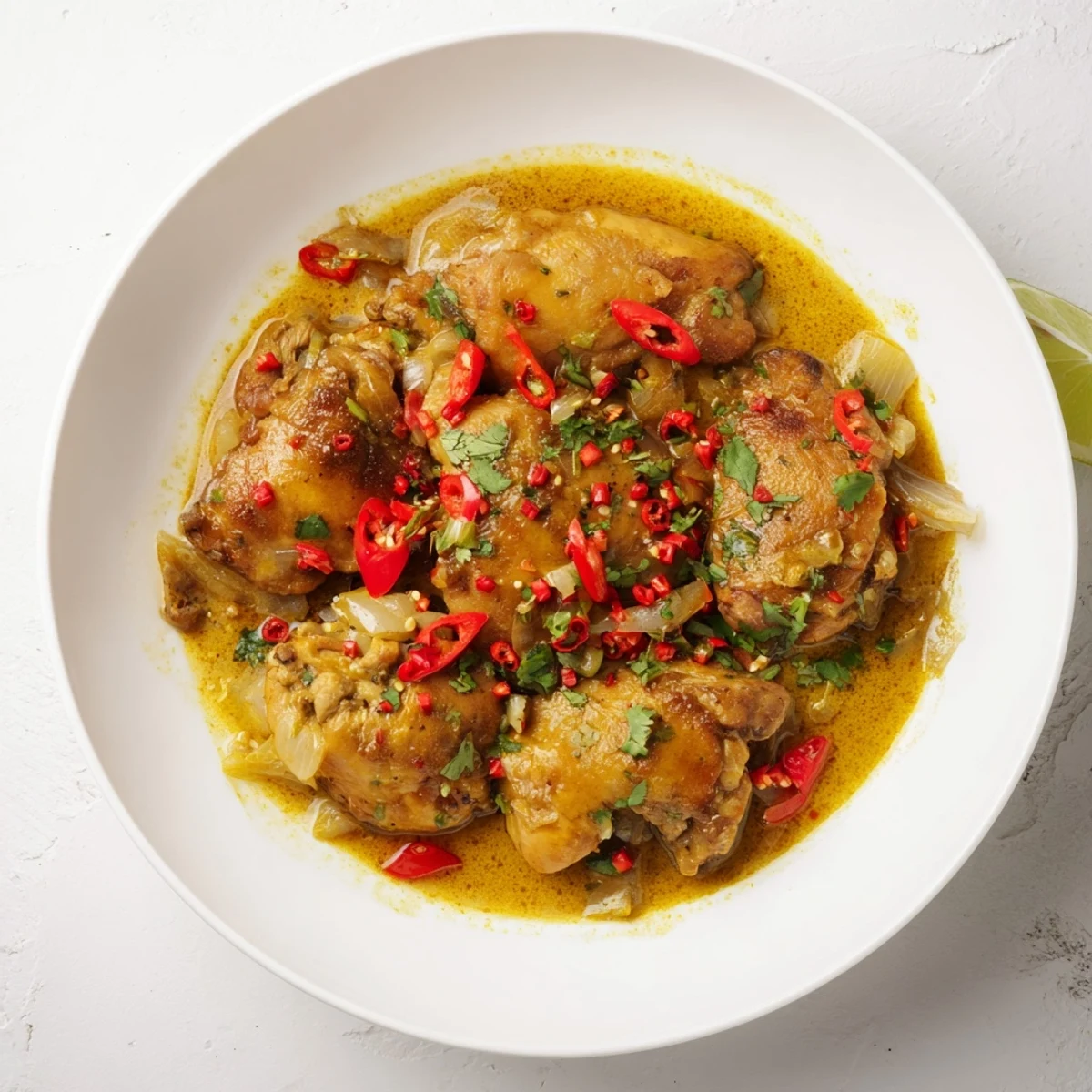 Golden chicken pieces simmer in rich coconut sauce with vibrant red peppers and fresh green cilantro garnish