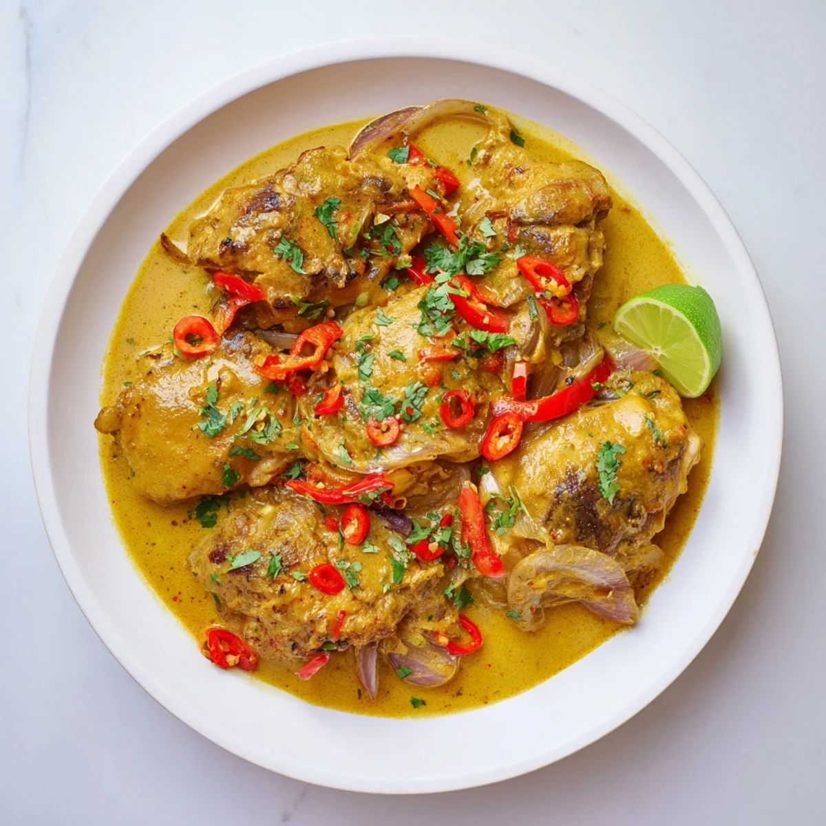 Tender chicken thighs coated in aromatic yellow coconut milk sauce topped with chopped cilantro and diced red chilies