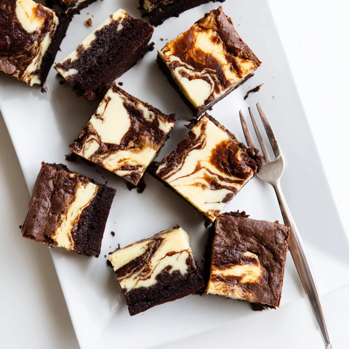 Thick slice of sourdough cheesecake brownie bars with chocolate swirls on white plate