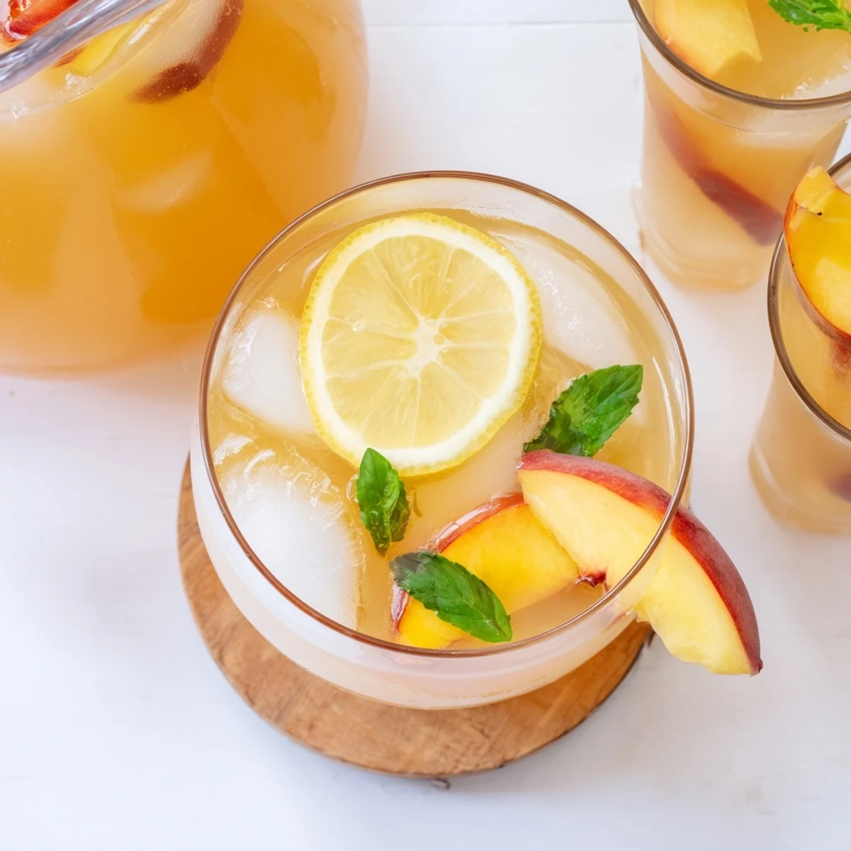 Golden pitcher of fresh peach lemonade garnished with mint leaves and fresh fruit on a wooden table