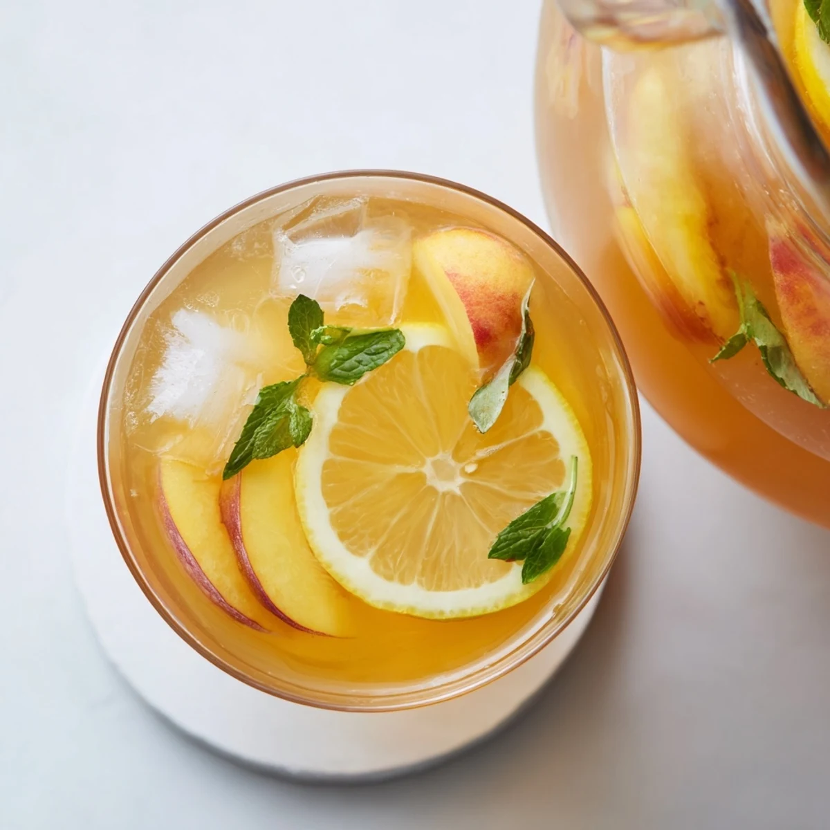 Tall glass of refreshing fresh peach lemonade with ice cubes and peach wedge garnish ready for summer sipping
