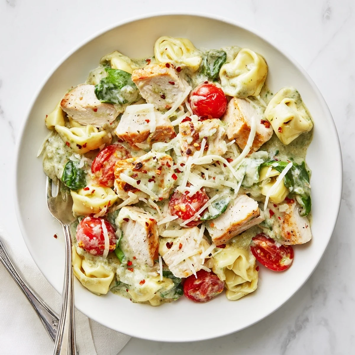 Slow Cooker Tortellini Casserole With Cheesy Chicken Pesto bubbling, creamy, topped with melted mozzarella