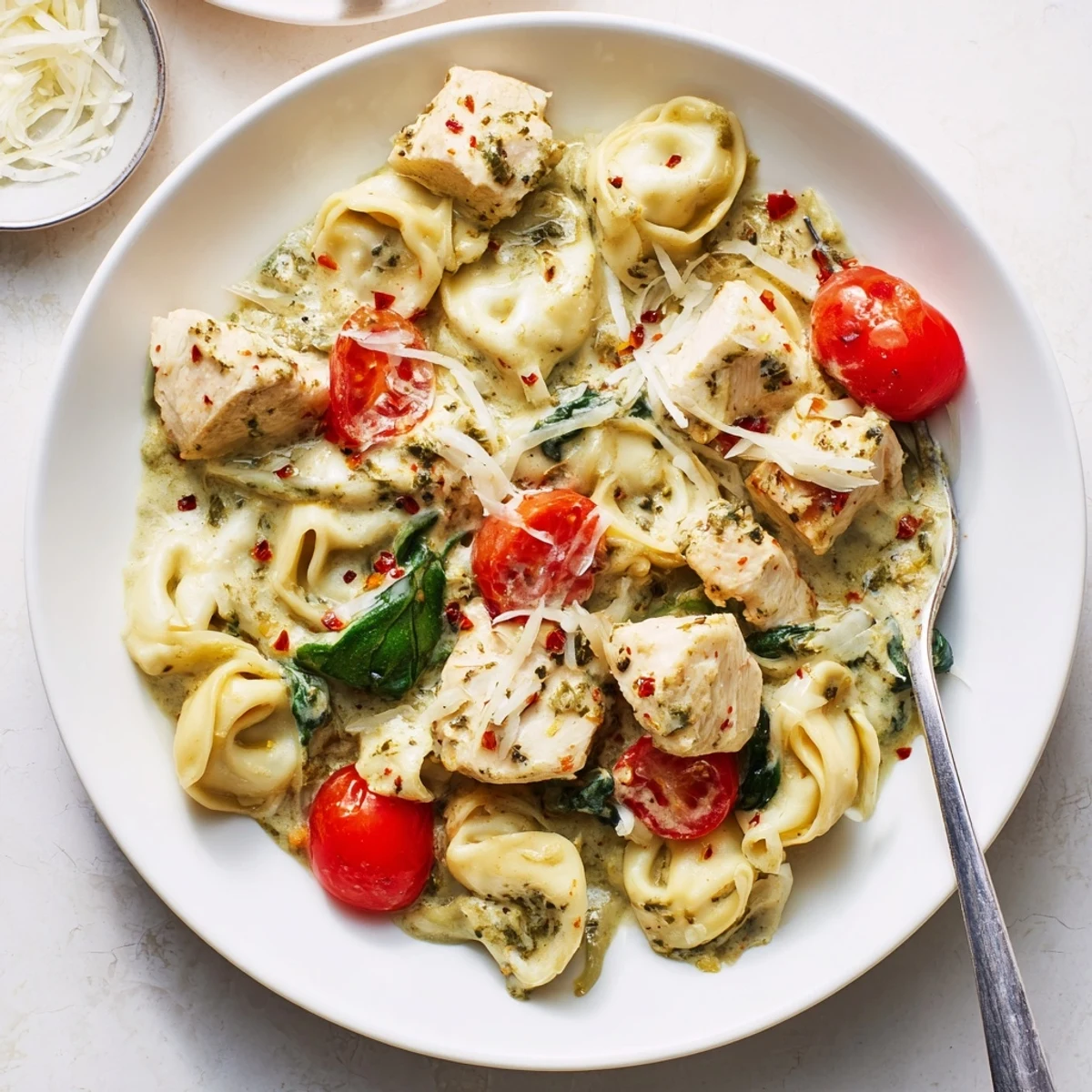 Hearty Slow Cooker Tortellini Casserole With Cheesy Chicken Pesto served steaming alongside crusty bread