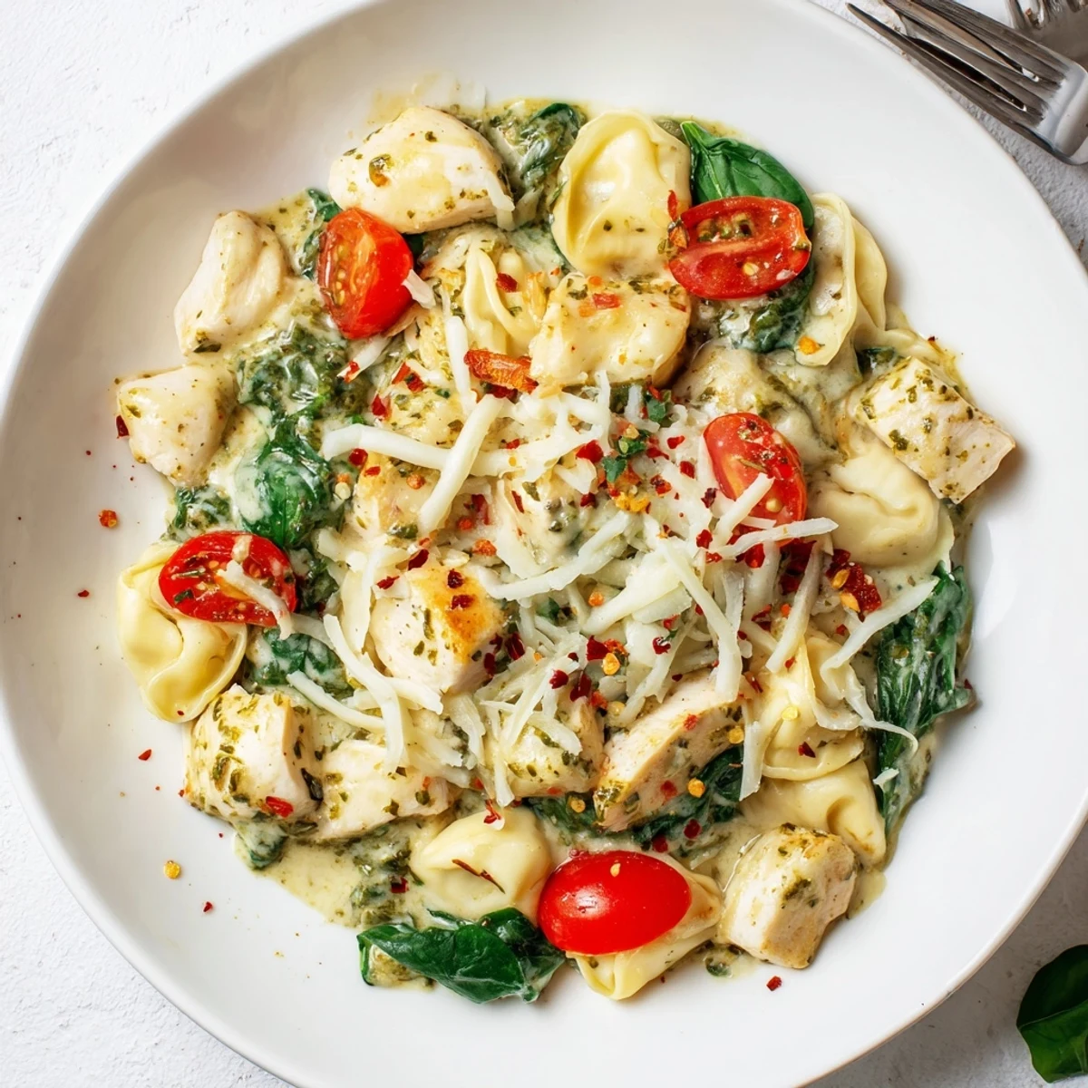 Creamy, pesto-laced dinner — Slow Cooker Tortellini Casserole With Cheesy Chicken Pesto, warm