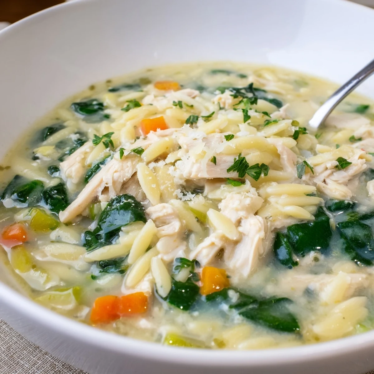 Creamy Chicken Florentine Soup With Orzo steaming in a white bowl, spinach visible