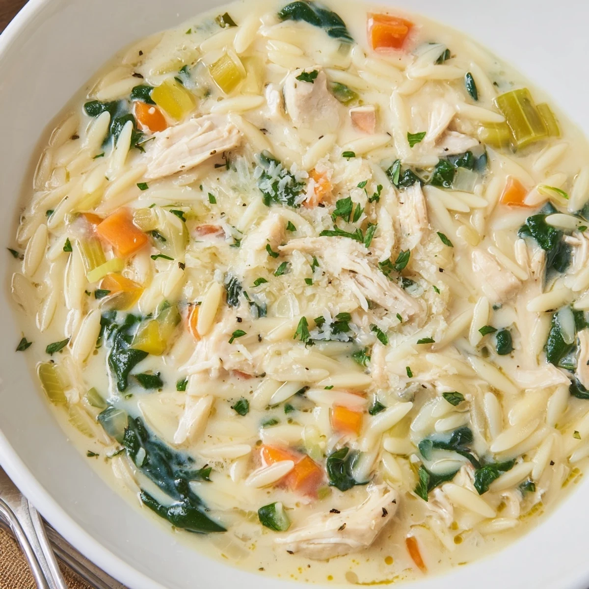 A spoonful of Creamy Chicken Florentine Soup With Orzo, velvety broth and tender bites