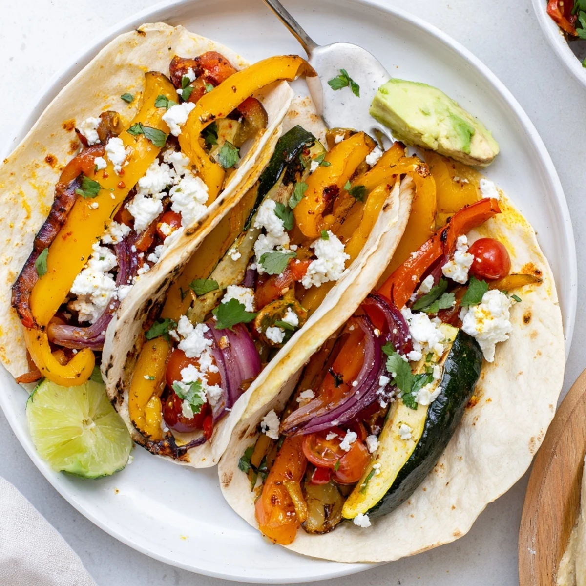 Warm tortillas filled with zesty Tajin Feta Sheet Pan Fajitas and lime