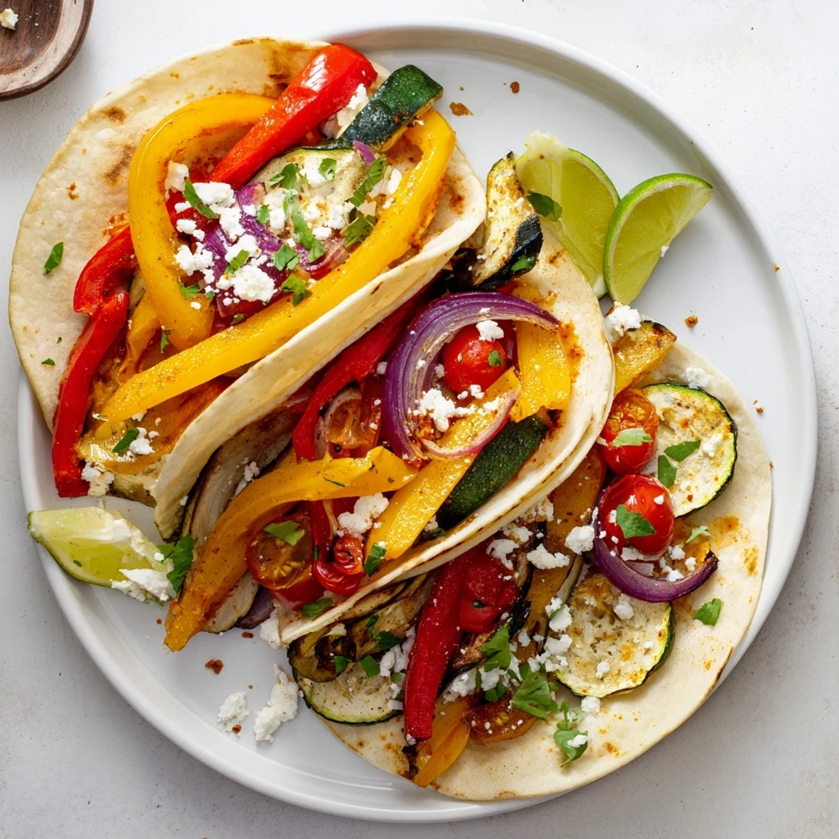 Roasted colorful vegetables topped with crumbled feta in Tajin Feta Sheet Pan Fajitas