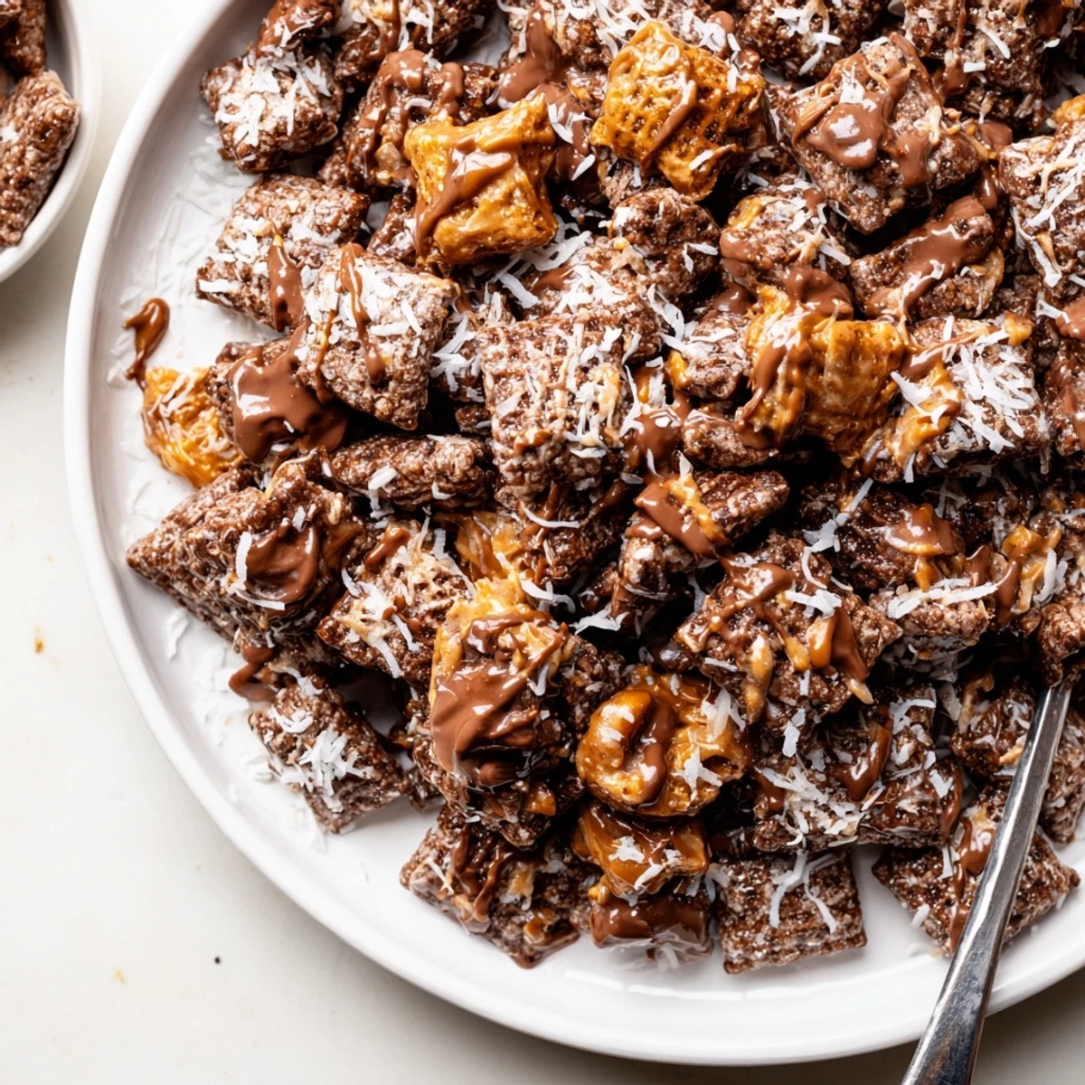 Samoas Puppy Chow Cereal piled on parchment, glossy chocolate and toasted coconut aroma  