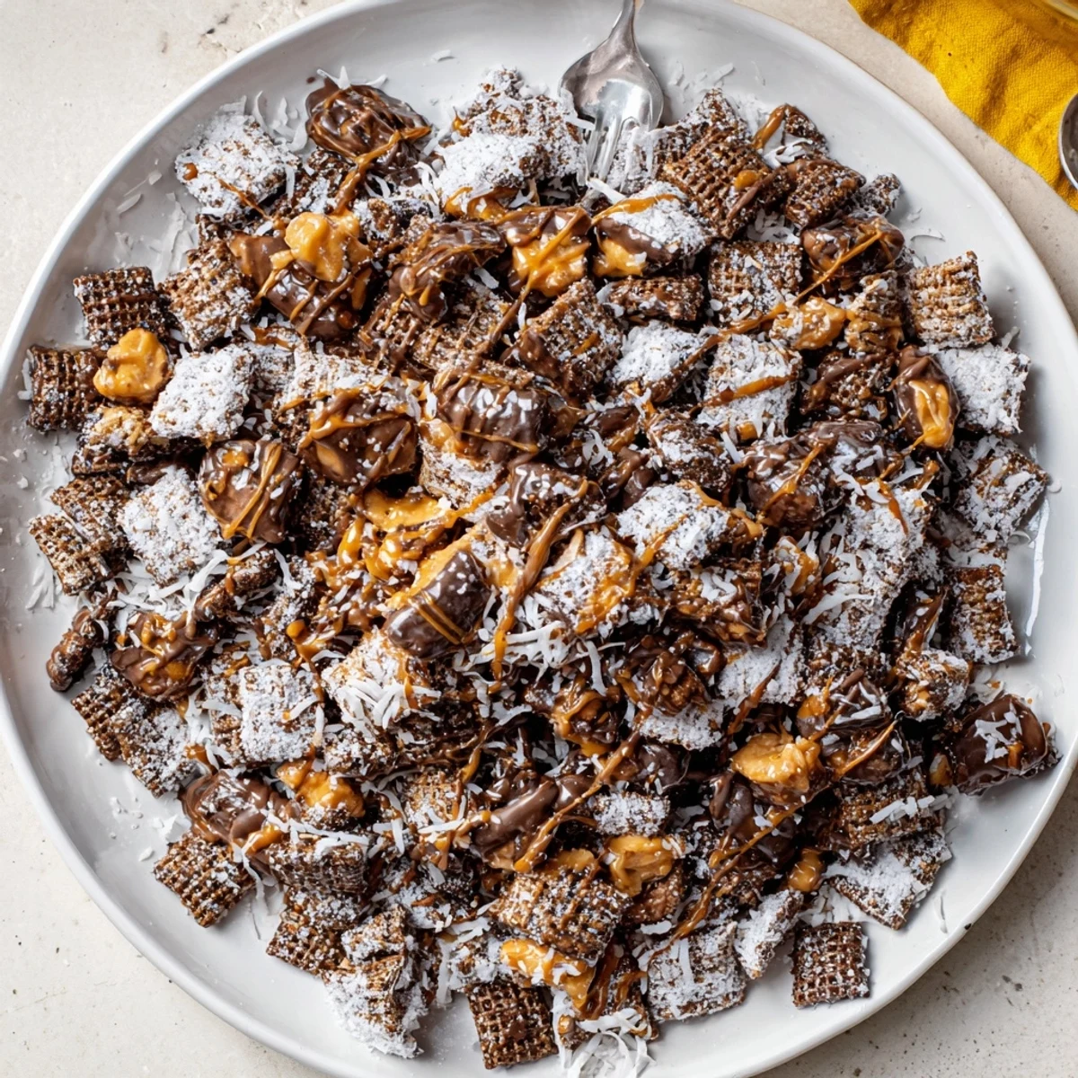 Bowl of Samoas Puppy Chow Cereal topped with caramel drizzle, toasted coconut  