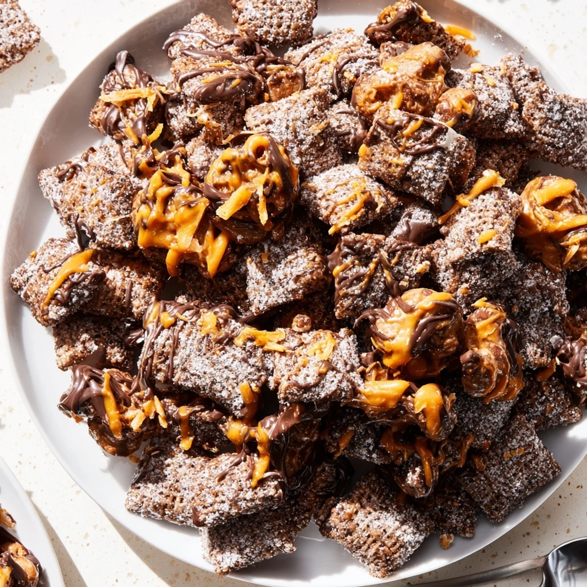 Handheld scoop of Samoas Puppy Chow Cereal dusted in powdered sugar, ready-to-serve