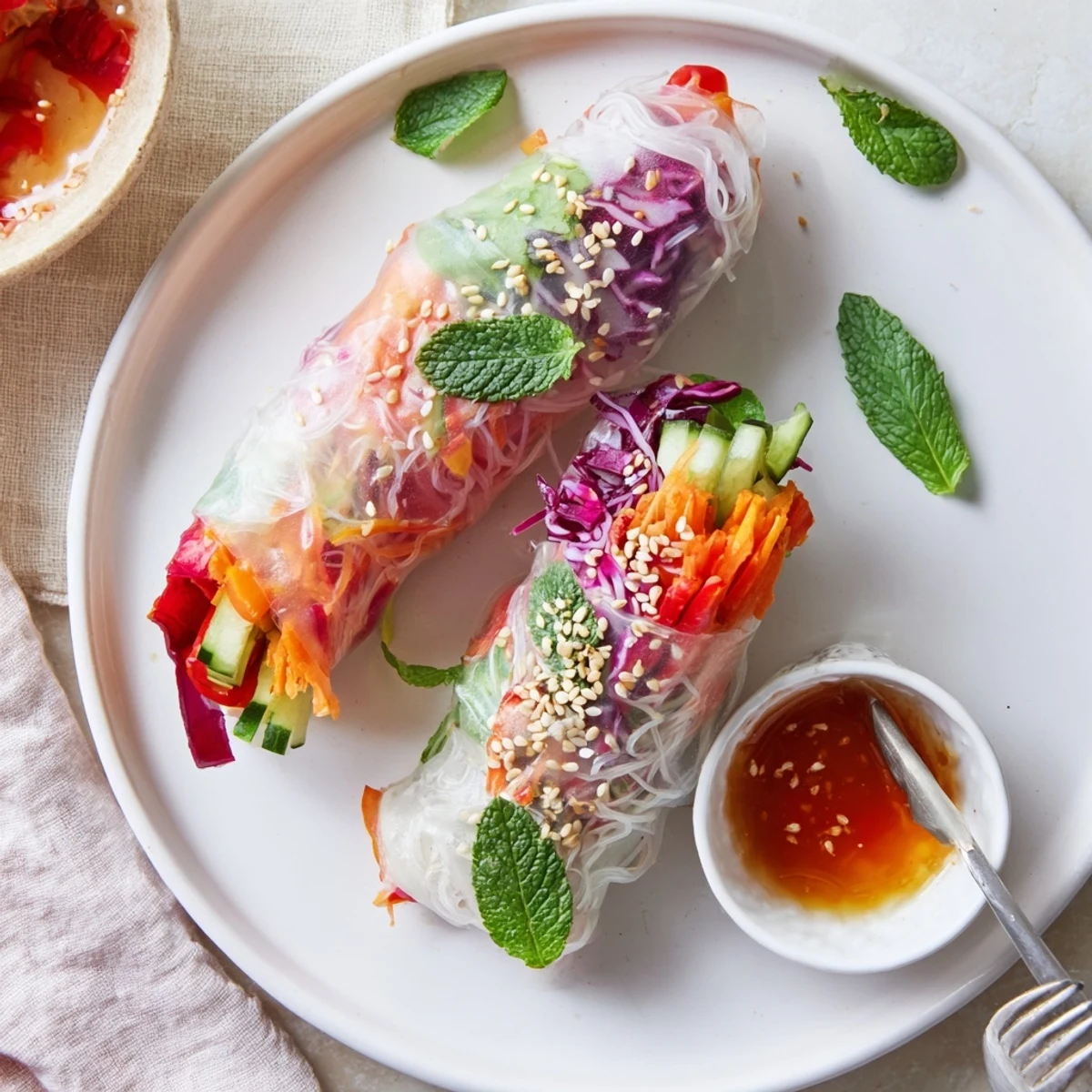 Gluten Free Vegetable Spring Rolls wrapped in delicate rice paper, served with tangy sauce