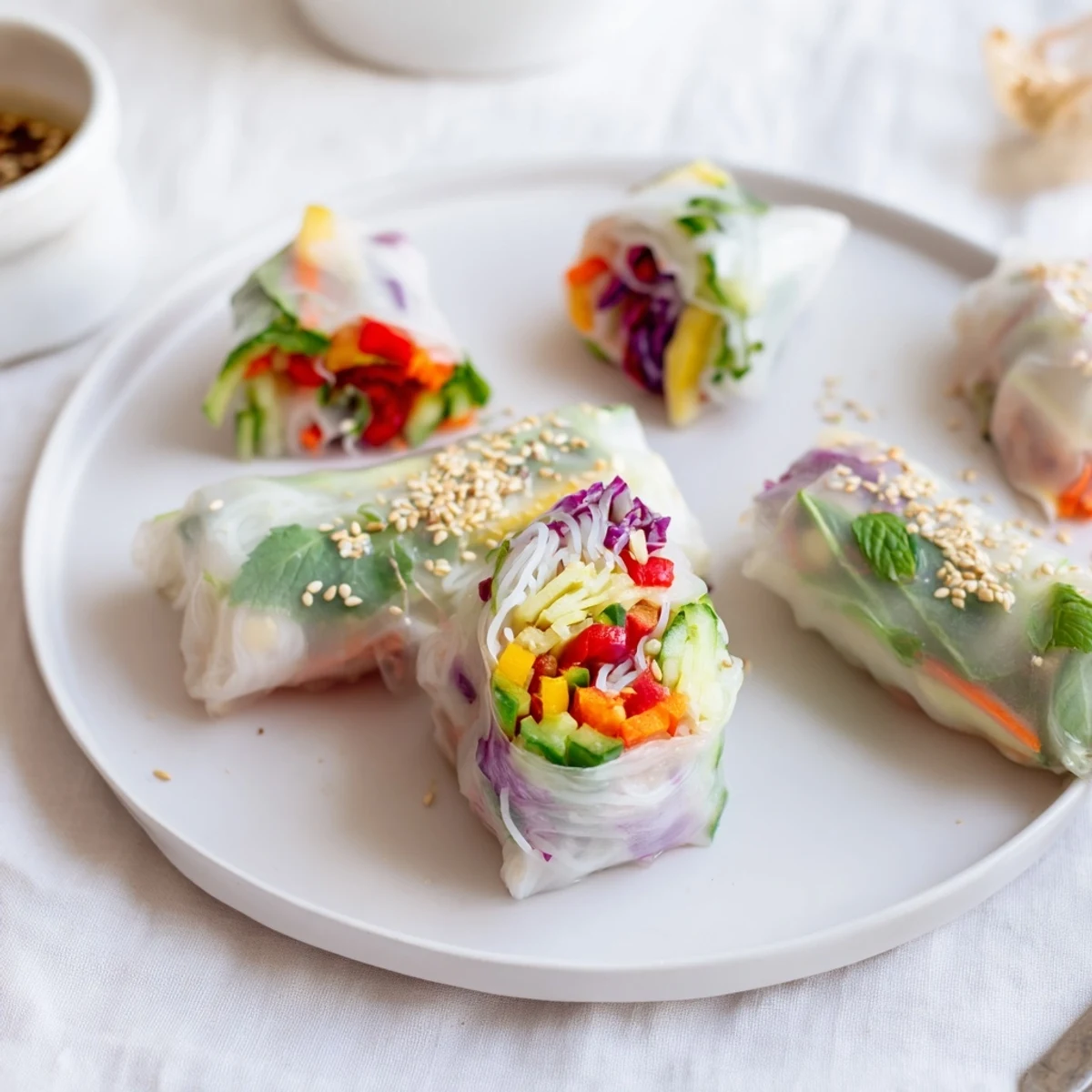 Gluten Free Vegetable Spring Rolls on a platter, crisp colorful veggies and herbs