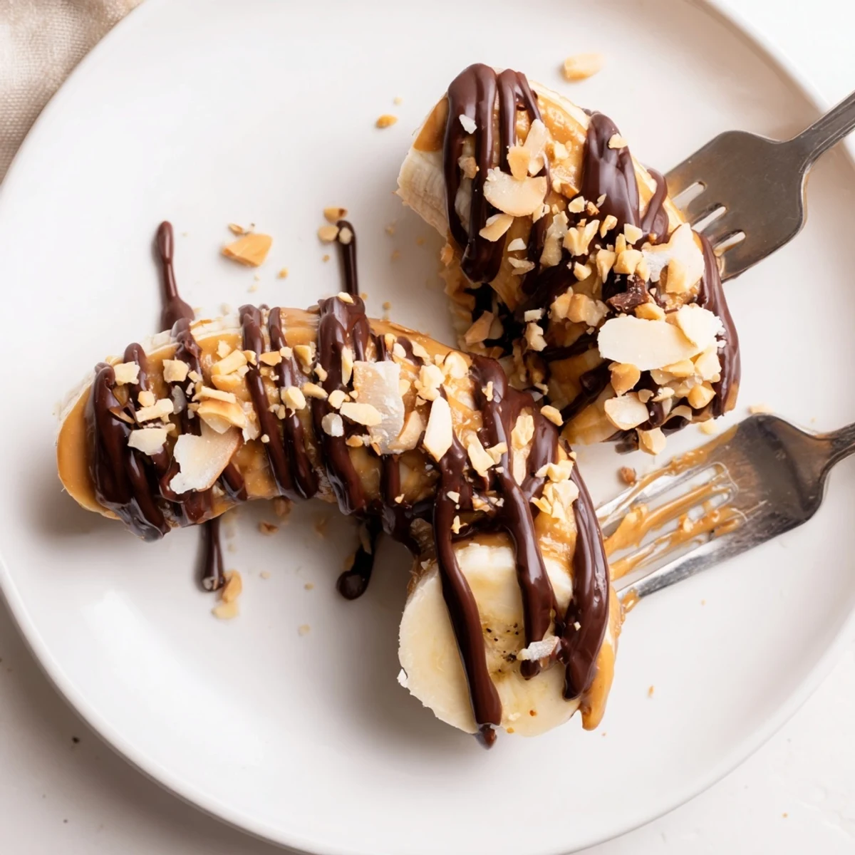 Chocolate Peanut Butter Banana slices drizzled with glossy chocolate, sprinkled with peanuts