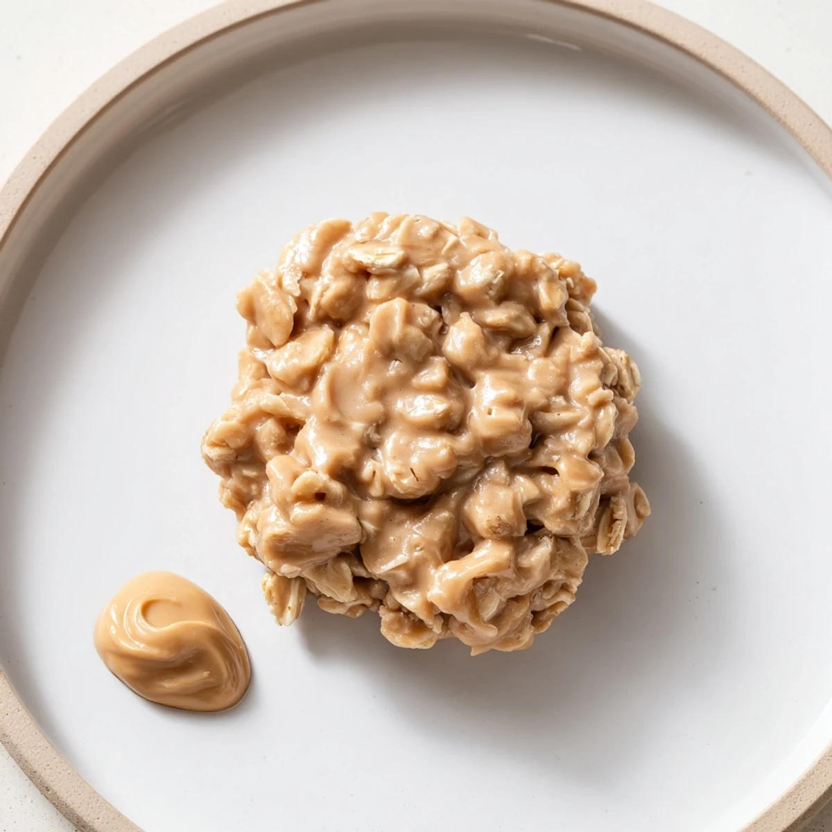 Stacked Peanut Butter No Bake Cookies on plate, tender centers and oat flecks