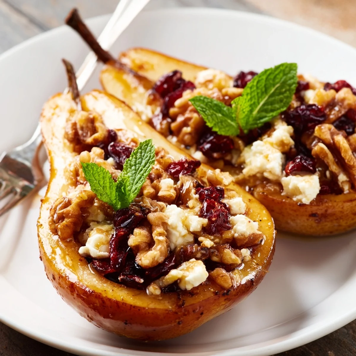 Baked Pears With Feta Honey Cranberries served warm, drizzled with glossy honey
