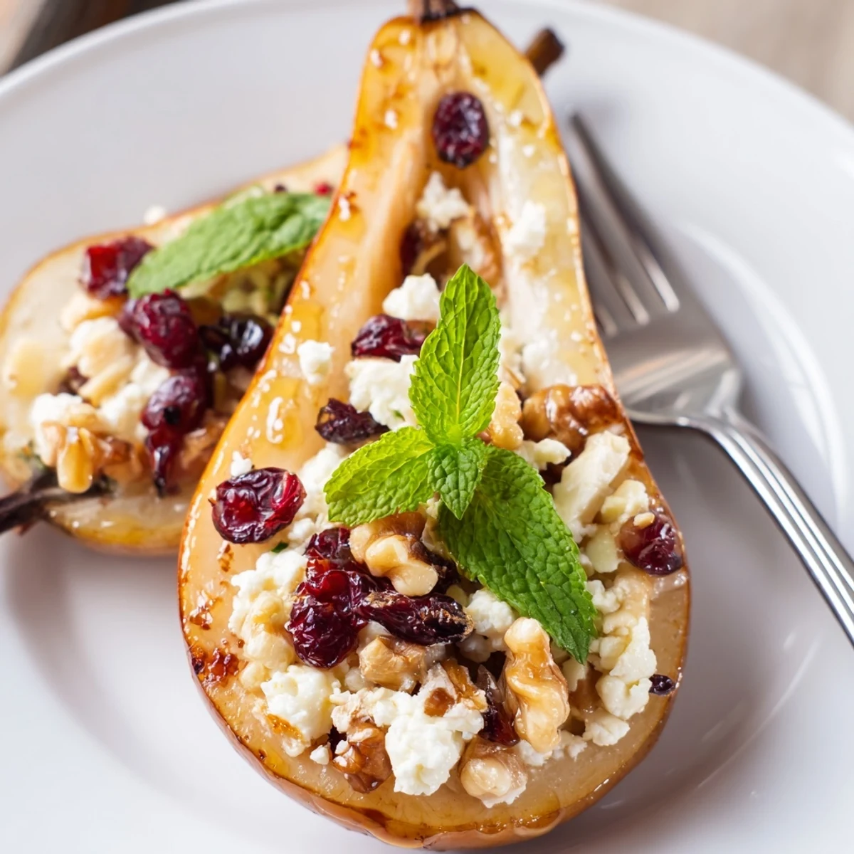 Caramelized Baked Pears With Feta Honey Cranberries in dish, garnished with fresh mint