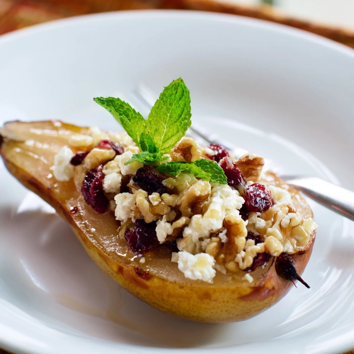 Baked Pears With Feta Honey Cranberries: tender pear halves stuffed, kissed with honey