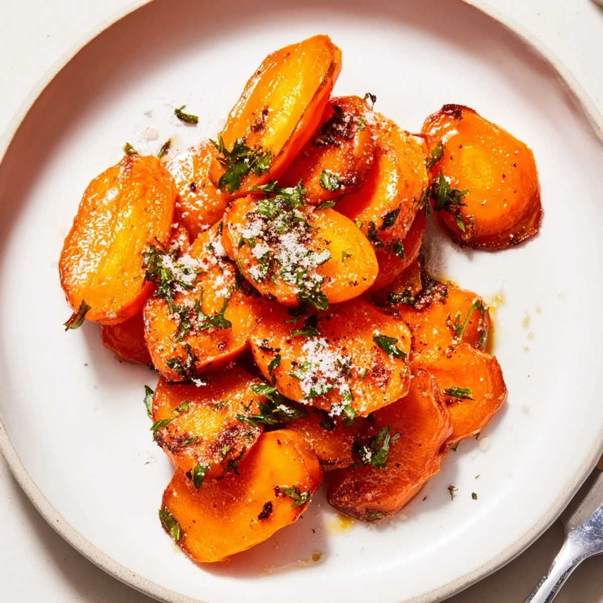 Crispy Smashed Carrots roasted to golden edges, garnished with parsley.
