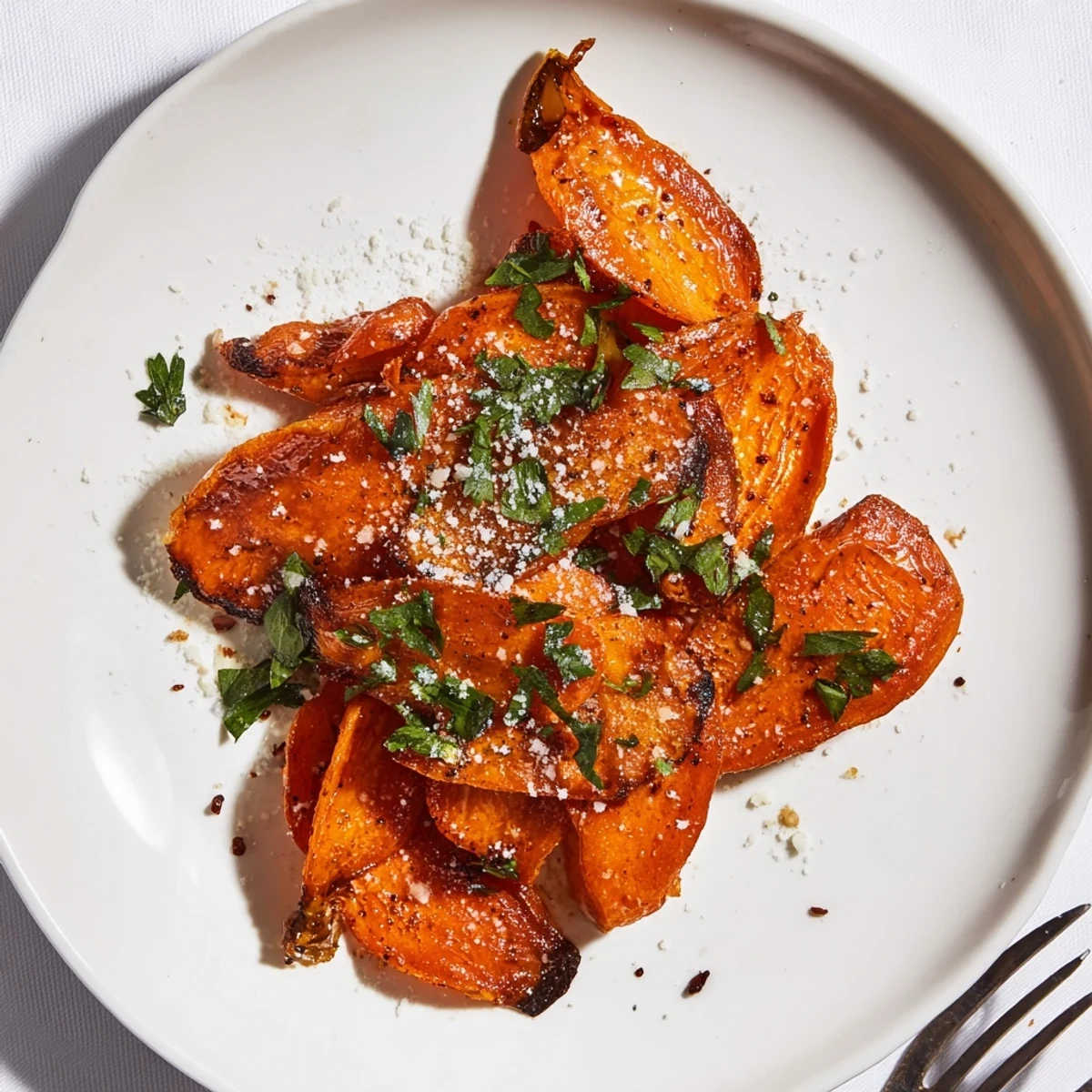 Crispy Smashed Carrots caramelized and peppered, served warm with lemon wedge.