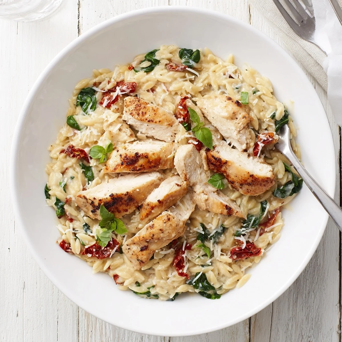 Creamy Marry Me Chicken Orzo served in a bowl with tender sliced chicken and fresh basil garnish