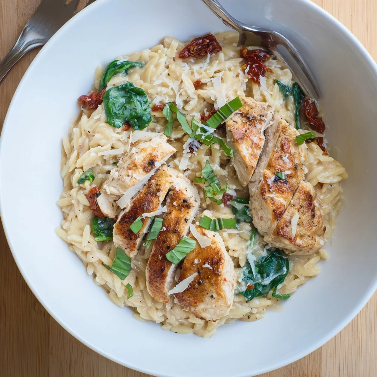 One-pot Marry Me Chicken Orzo featuring al dente pasta in a velvety white cream sauce