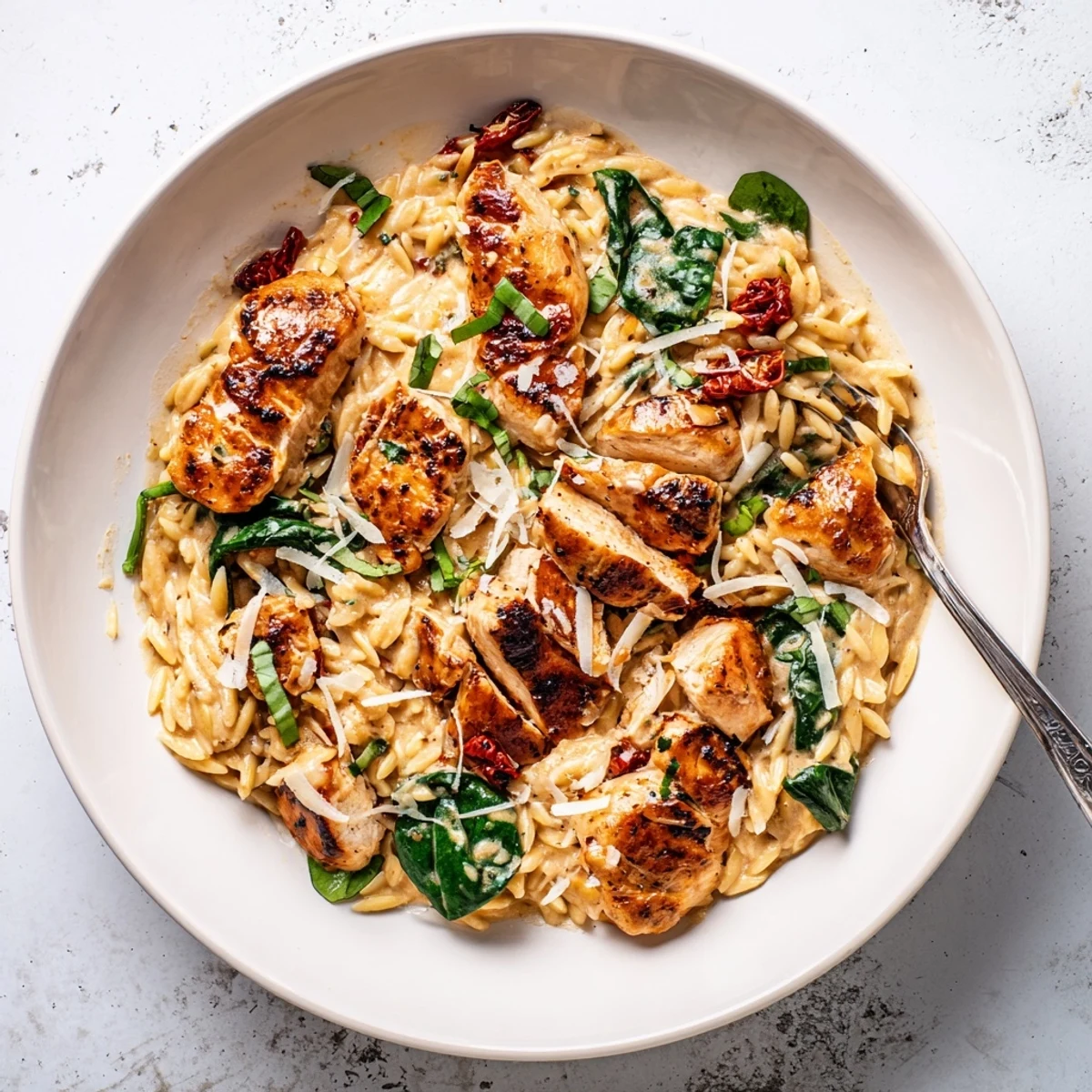 Golden seared chicken breasts nestled in rich sundried tomato orzo with melted parmesan cheese