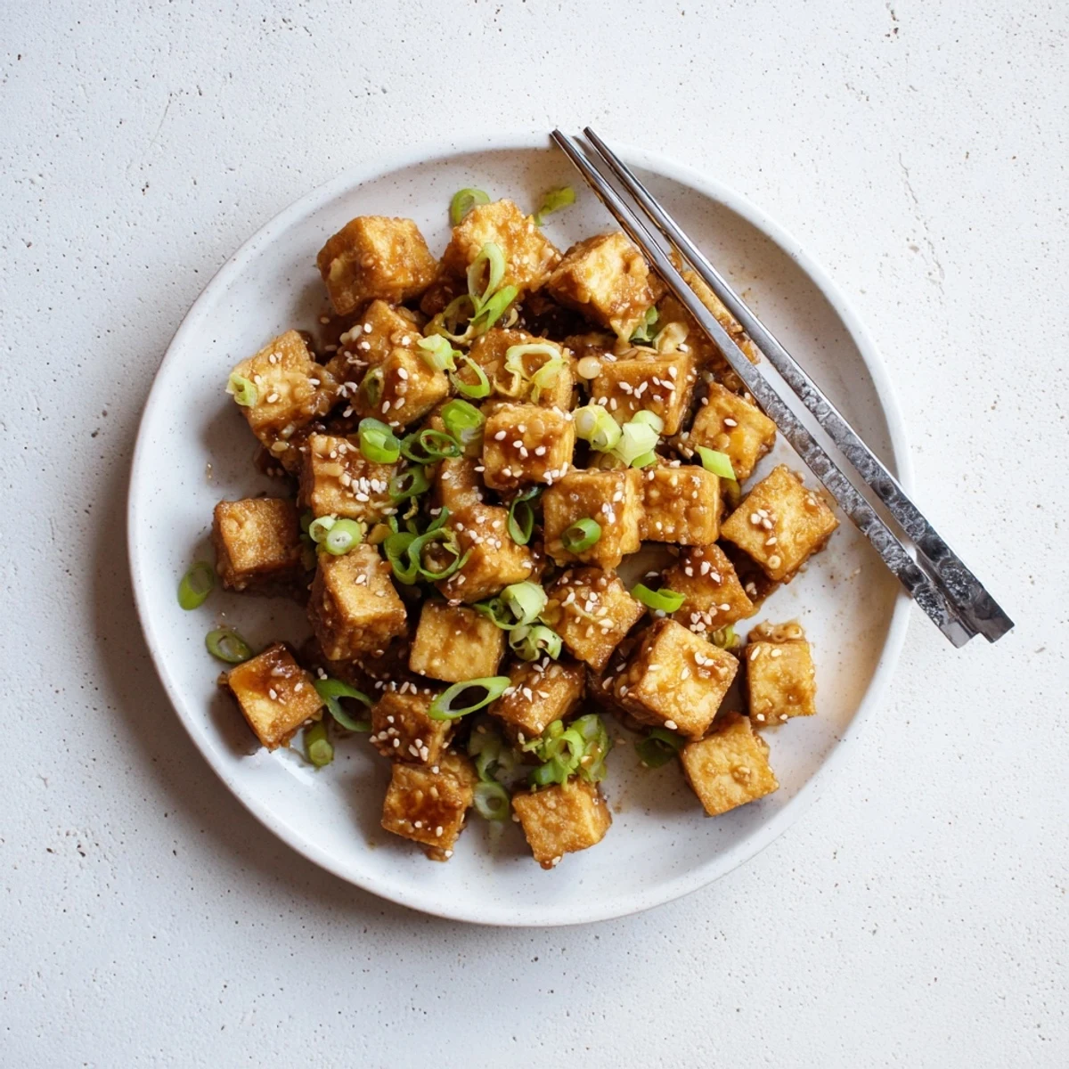 Golden crispy honey garlic tofu cubes glistening with sticky sweet sauce on white plate