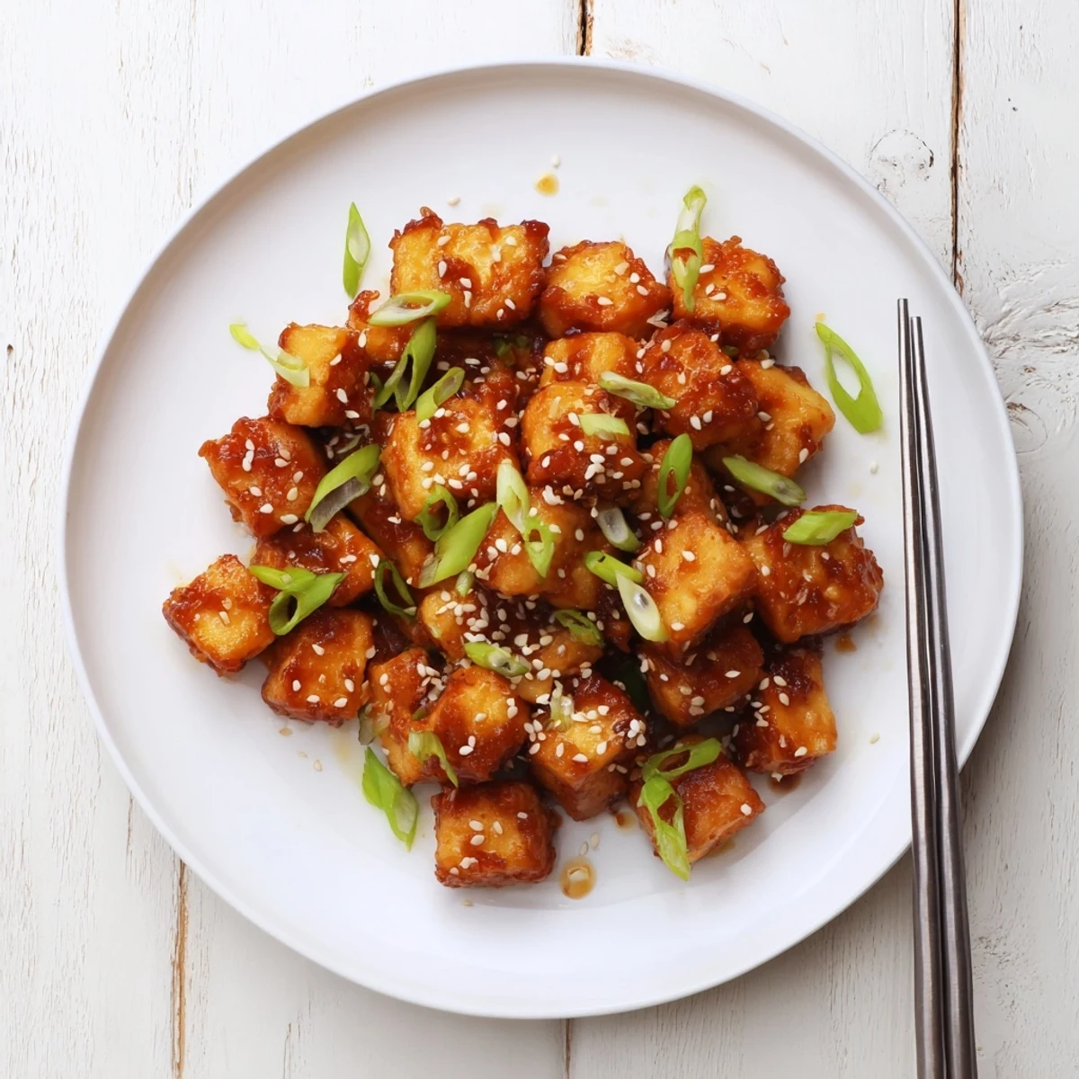 Close-up of fried tofu pieces coated in thick honey garlic glaze topped with sesame seeds